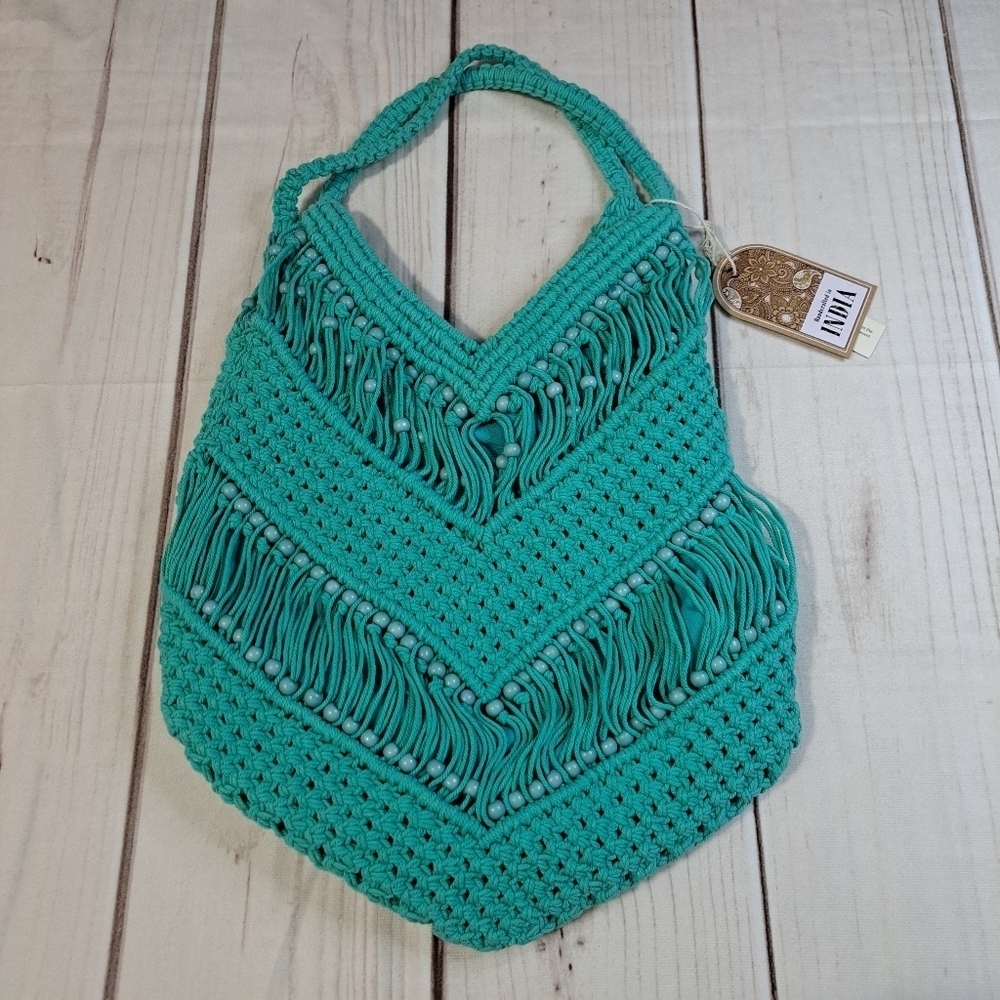 VIRAL Made In India Teal Green Macrame Beaded Purse Beach Bag Tik Tok